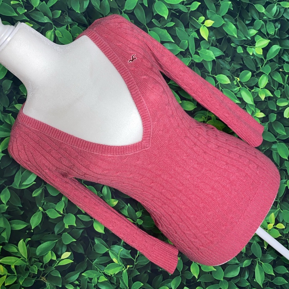 Hollister Y2K Pink Cable Knit Fitted V-Neck Long Sleeve Sweater Top, Size L - Picture 3 of 5